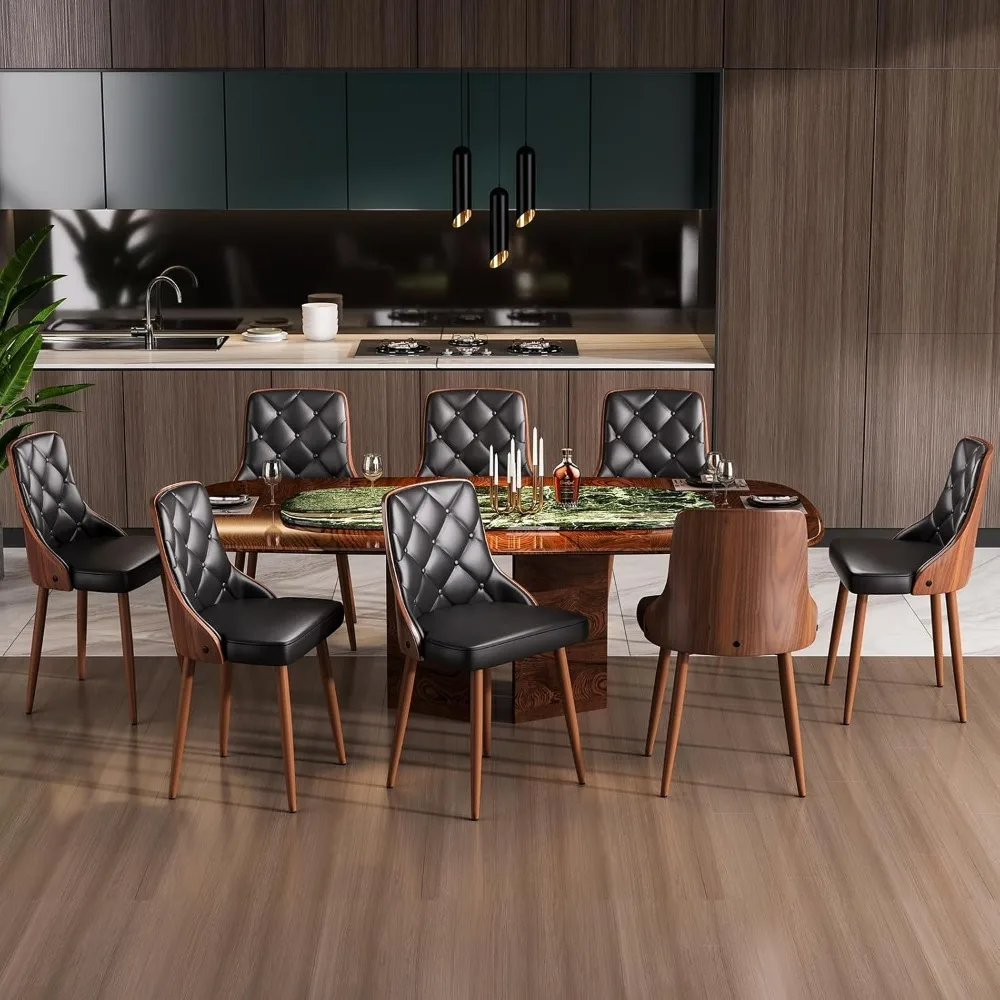 Dining Chairs Set of 8, Mid Century Modern Kitchen and Dining Room Chairs, Upholstered PU Leather Accent Chairs with Walnut Back 3