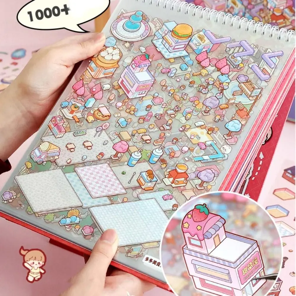 Kawaii PET Miniature Scene Collection Cartoon Visual Stacking 3D Pocket Cabin Scene Stickers 3D DIY Landscape Sticker Book Kids