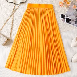 Summer Girls Cute Cool Breathable Wrinkled Mid Length Solid Color Half Skirt Princess Casual Birthday Party Dress Half Skirt