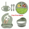 8Pcs Baby Silicone Feeding Set Round Dining Plate Sucker Bowl Dishes For Kids Personalized Name Children's Tableware Straw Cup 1