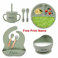 8Pcs Baby Silicone Feeding Set Round Dining Plate Sucker Bowl Dishes For Kids Personalized Name Children's Tableware Straw Cup 1