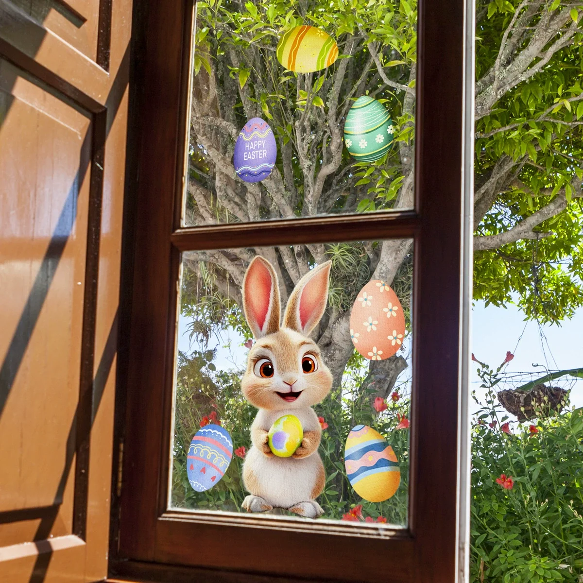 Happy Easter Window Stickers cute Rabbit Eggs Carrot Electrostatic Glass Sticker Easter Decorations for Home Bunny Wall Decals