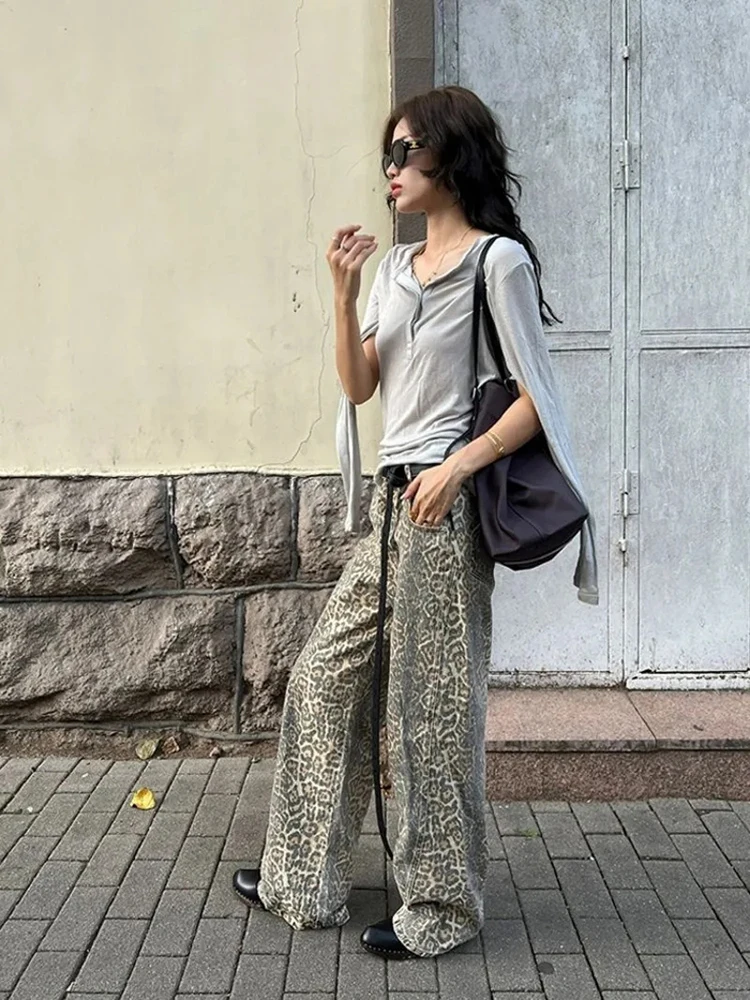 Y2K American Leopard Washed Jeans Female Street Retro Hot Girl Loose Pants Korean Style Casual High Waist Straight Jeans Women
