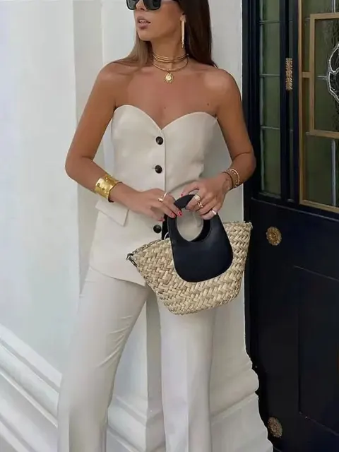 HH Women Elegant Solid Pant Suit Front Button Strapless Sexy Tank Tops + Side Slit Trouser Female Fashion Streetwear Sets 2
