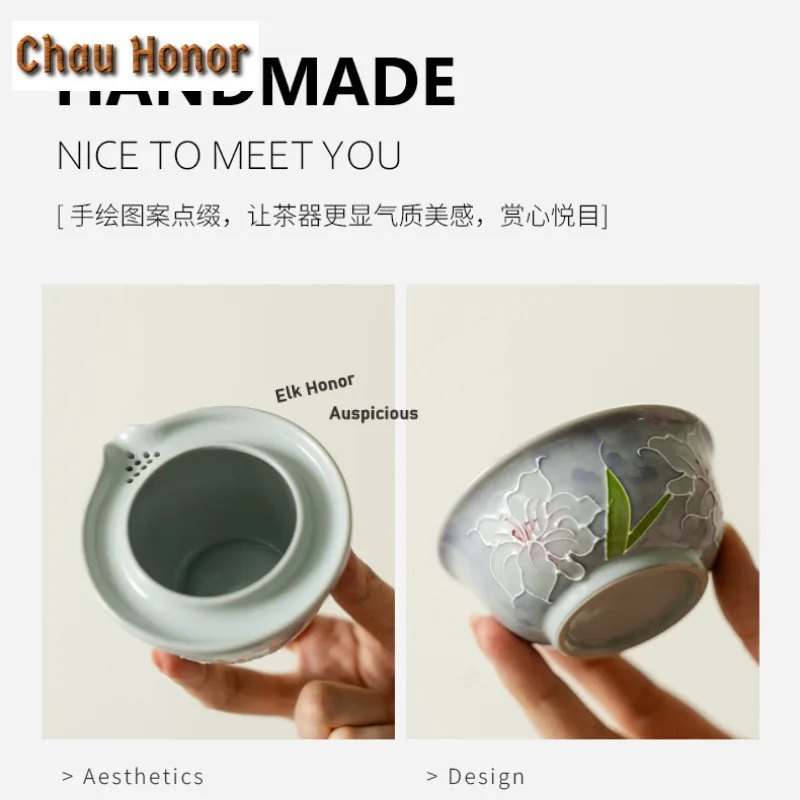 Misty Purple Pure Hand-painted Lily Travel Tea Set Kit Traditional 1 Pot 2 Cups Tea Making Organizer Portable Picnic Stock Bags