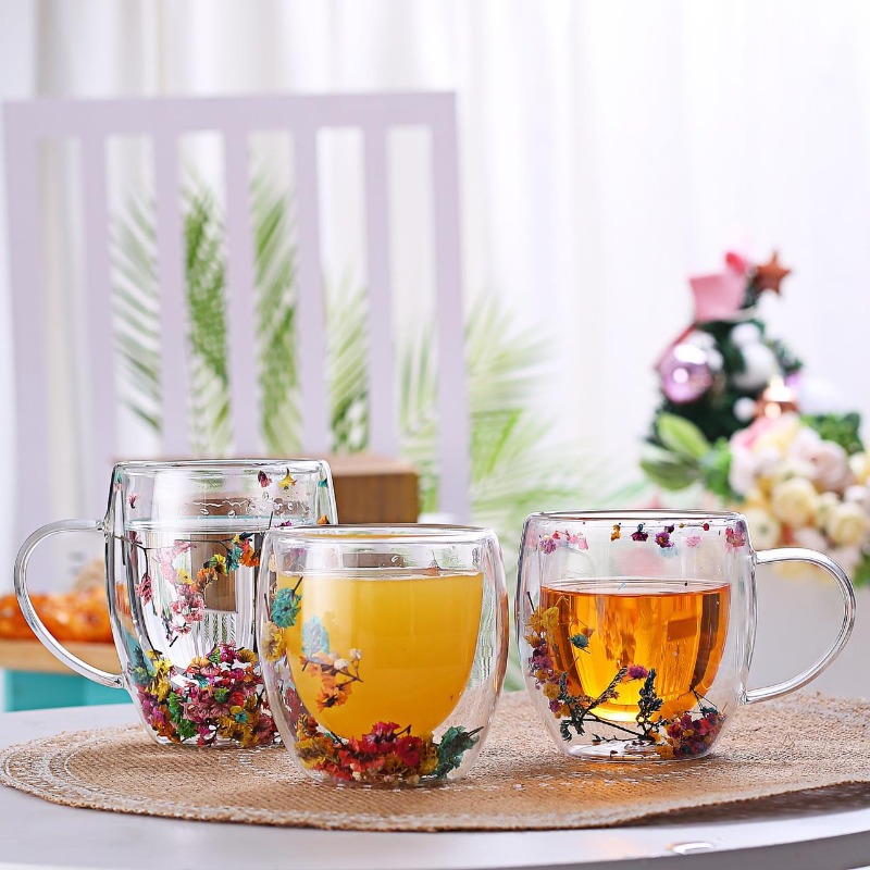 1pc 250ml 350ml Artificial Flower Pattern Heat Insulated Water Cup Double Walled Glass Coffee Mug Reusable Handwash Glassware