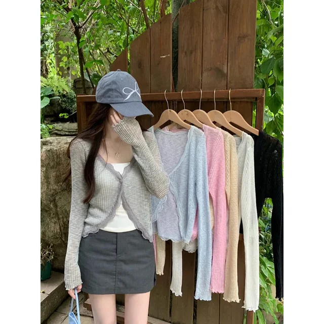 Lace Trim One Button Long Sleeve Crop Top Women Short Sleeve Open Front Ribbed Knit Cardigan Sweater Summer Fairycore Outfit 6