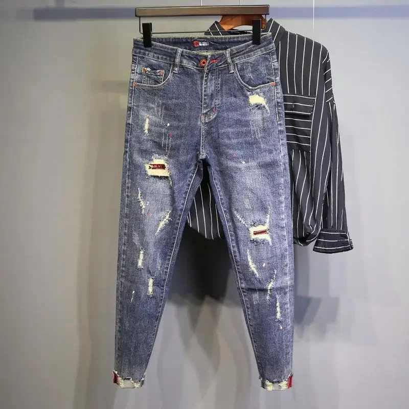 

Jeans for Men Torn with Holes Male Cowboy Pants Ripped Broken Trousers Tapered Low Rise Cropped Casual Korean Style High Quality