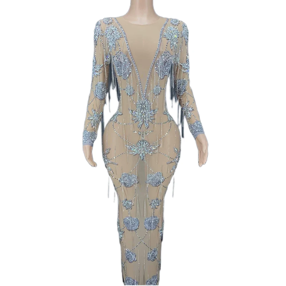 

Nude Long Sleeves Shining Rhinestones Tassel Sexy Split Dress For Women Evening Party Clothing Stage Singer Costumes Prom Wear