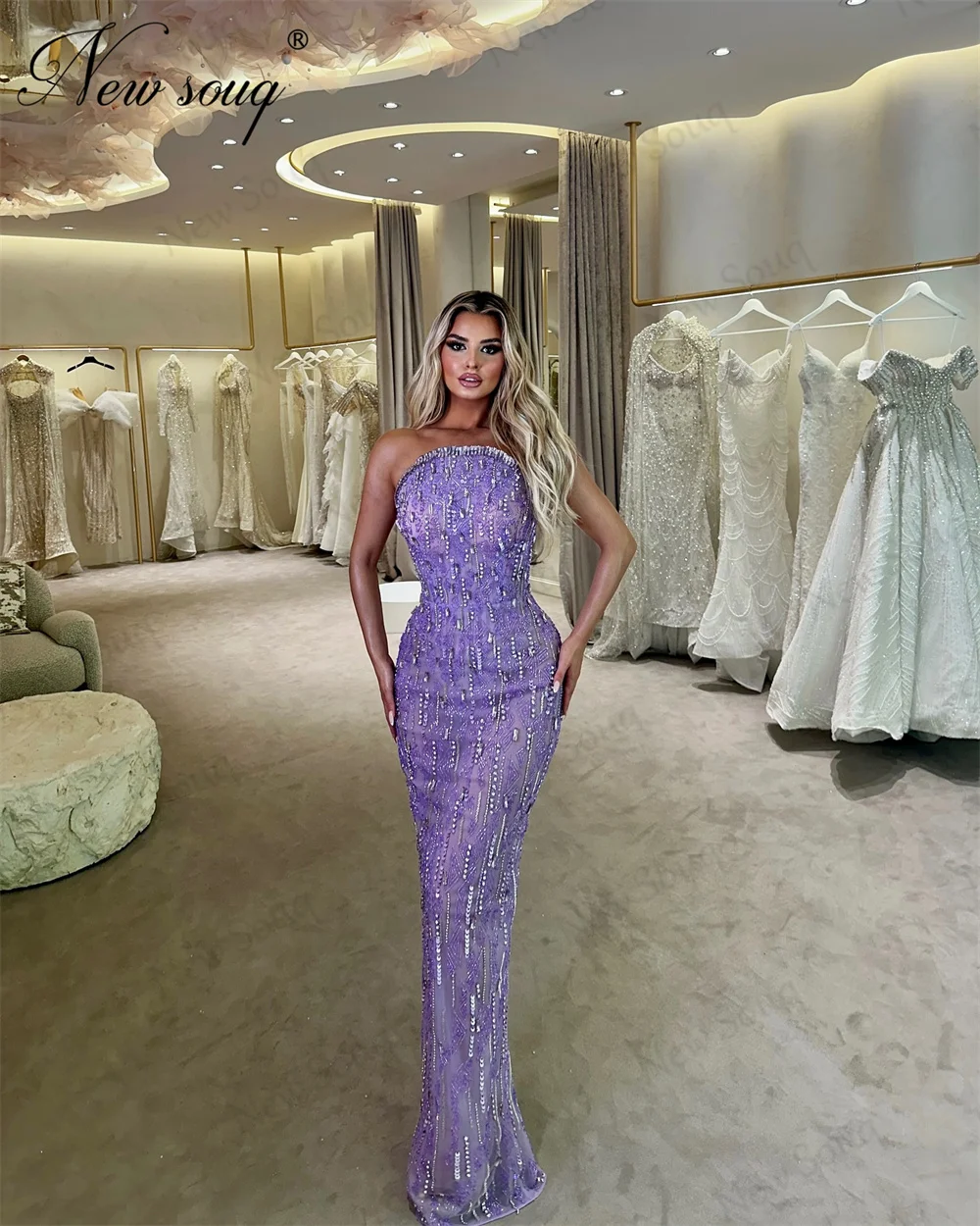 

Женское вечернее платье с бисером Дубай, фиолетовое прямое официальное платье без бретелек, элегантное обручальное платье для выпускного вечера, 2024