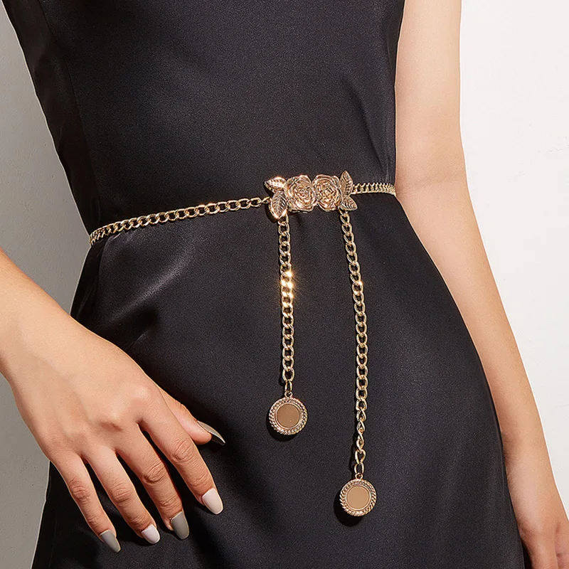 FAN&LOUIS Gold Waist Chain Belt for Women Dresses Metal Link Dangling Cinturones de Mujer