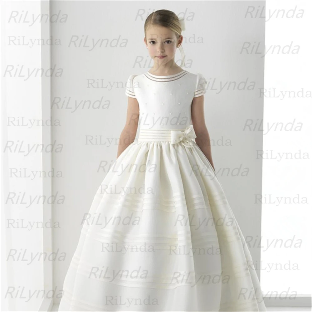 Girls First Communion Dresses Short Sleeve Scoop Pearls Flower Girl Dresses Weddings