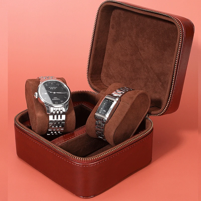 

2 Slots Portable Watch Organizer Box Zippered Watch Display Storage Box Travel Watch Collector Case