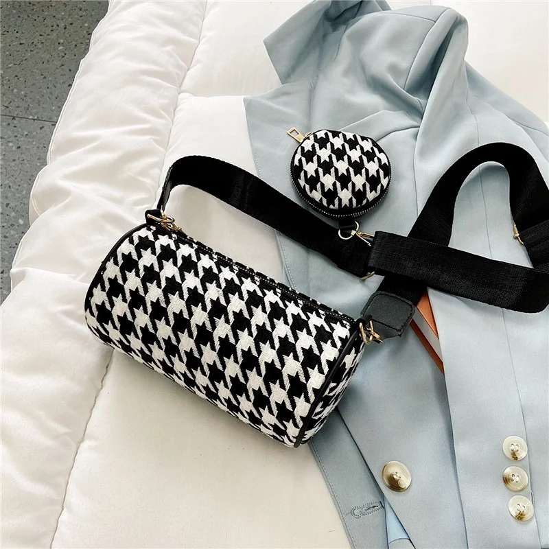 Female Vintage Plaid Printing Shoulder Bags with Mini Round Purse Pendant Women's Bag Casual Small Crossbody Bags 2pcs Composite 
