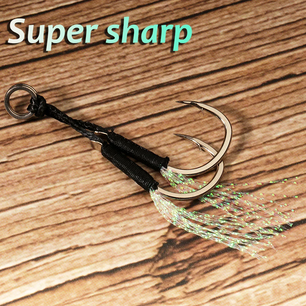10 Pairs Cast Jig Assist Hook High Carbon Steel Angle Barbed Thread Feather Fishing Tackle Slow Jigging Tool Pesca Lure Fishhook