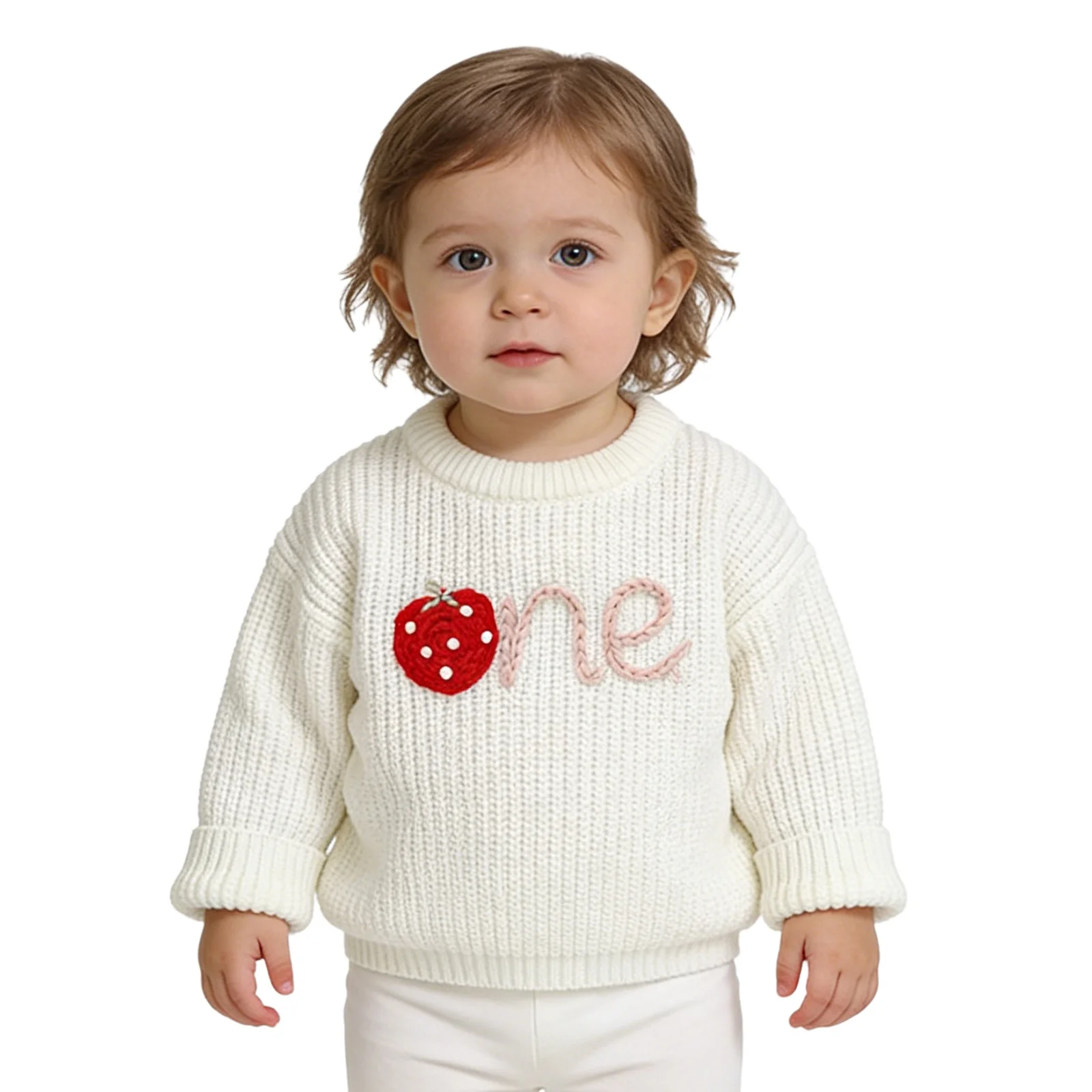  소년 소녀 1 생일 스웨터 긴 소매 딸기 자수 니트 탑 가을 겨울 옷 케이크 스매쉬 사진 촬영