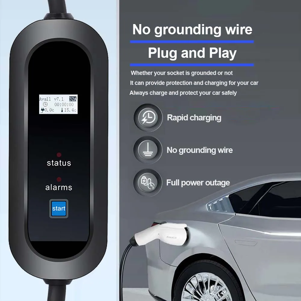 Teschev 휴대용 EV 충전기 월박스 GBT 케이블, 32A 7KW, 조정 가능한 전류, 파란색 소켓 충전, 전기 자동차 충전기