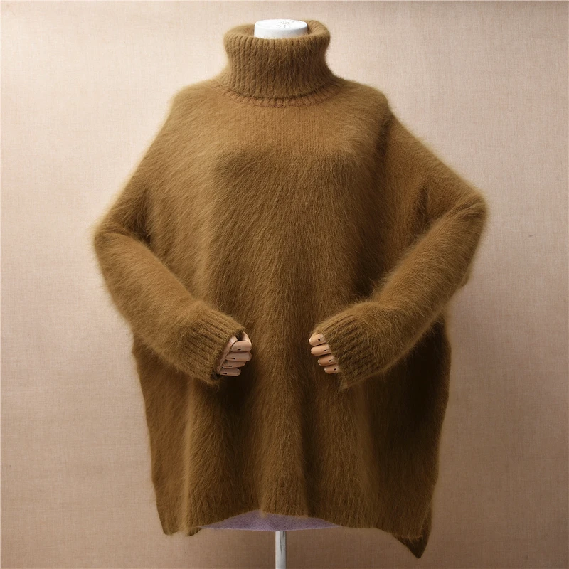 

04 Female Women Fall Winter Clothing Hairy Angora Rabbit Hair Knitted Turtleneck Split Loose Pullover Jumper Sweater Pull Tops