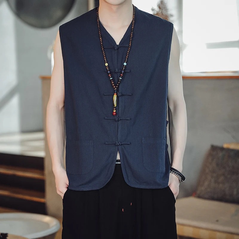 

Men Plus Size Summer Vest Loose Cotton Linen Chinese Tang Suit Vest Jacket Coat Buckle Men's Tank Tops Home Daily Clothing