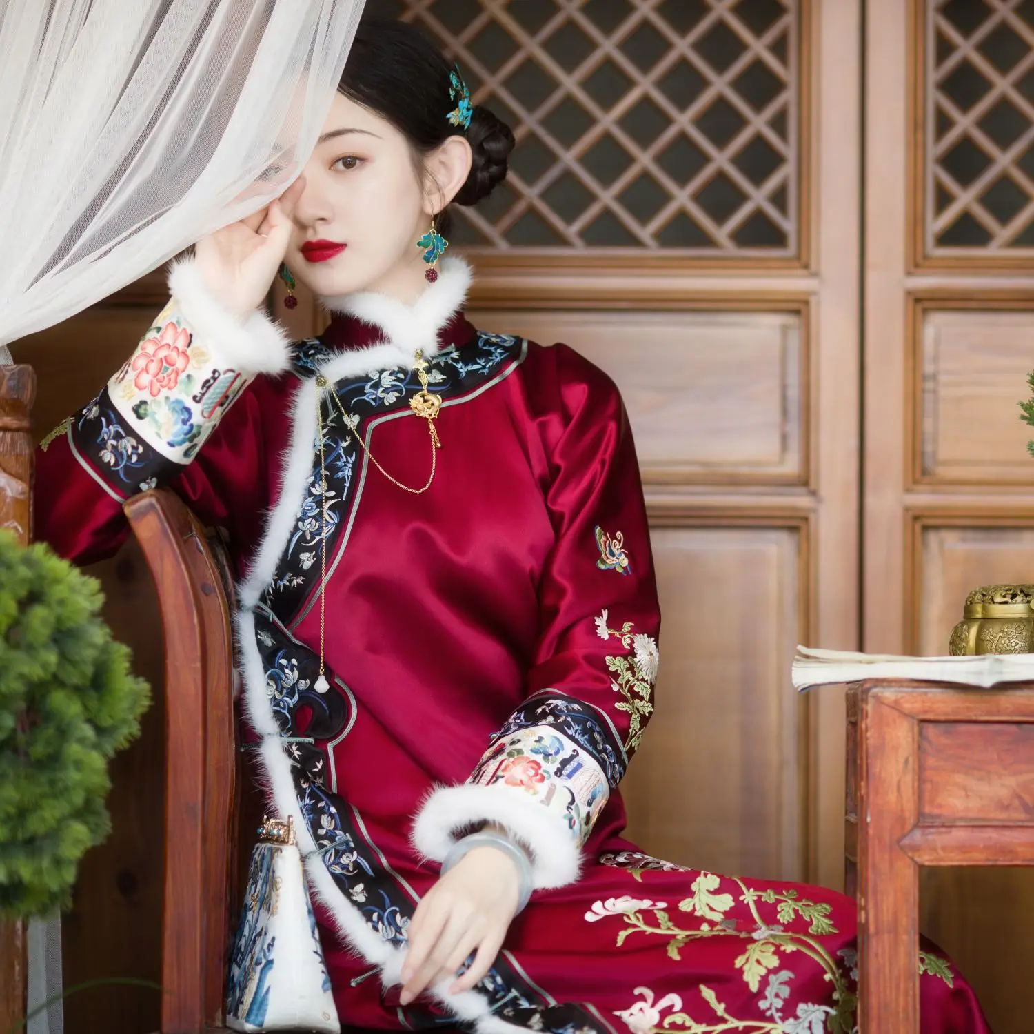 

2024 republic of china style retro printed collar thickened cotton jacket long sleeve qipao floral printing cheongsam dress