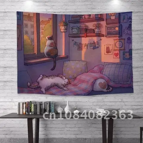 

Illustration Cat Korean Style Background Cloth Cure Dormitory Bedside Tapestry Bedroom Computer Room Wall Decoration