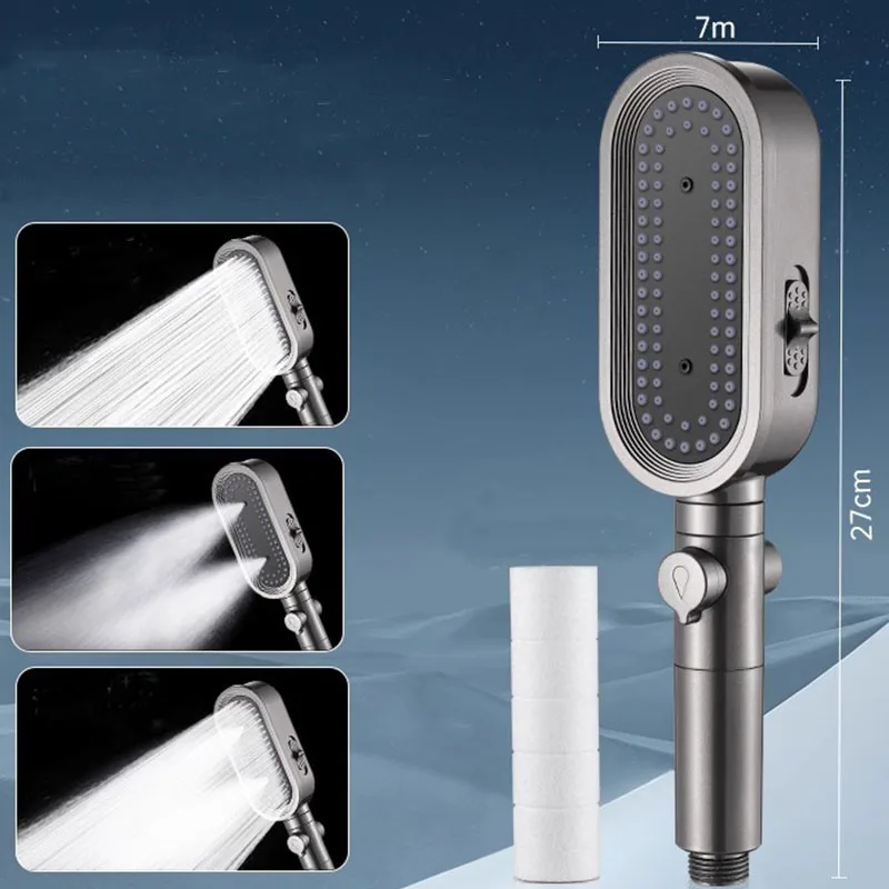 

High Pressure Shower Head 3 Modes Adjustable Showerheads with Hose Water Saving One-Key Stop Spray Nozzle Bathroom Accessories