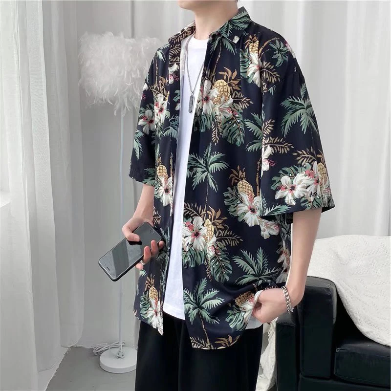 

Short Sleeve Shirt Men Summer Floral Loose Baggy Casual Hawaii Holiday Beach Shirt Tee Tops Buttons Blouse National Style A02