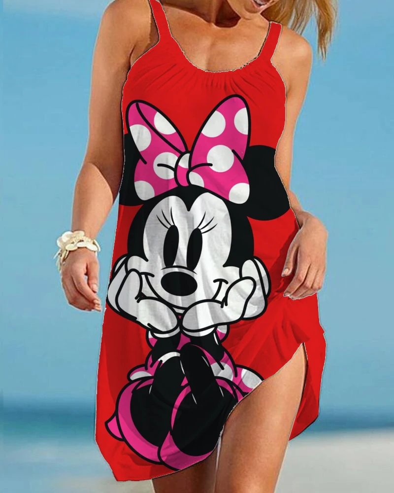 

Disney Mickey Mouse Print Suspender Mini Dress 2023 Summer New Sleeveless Patry Beach Style Spaghetti Strap Dress Women Clothes