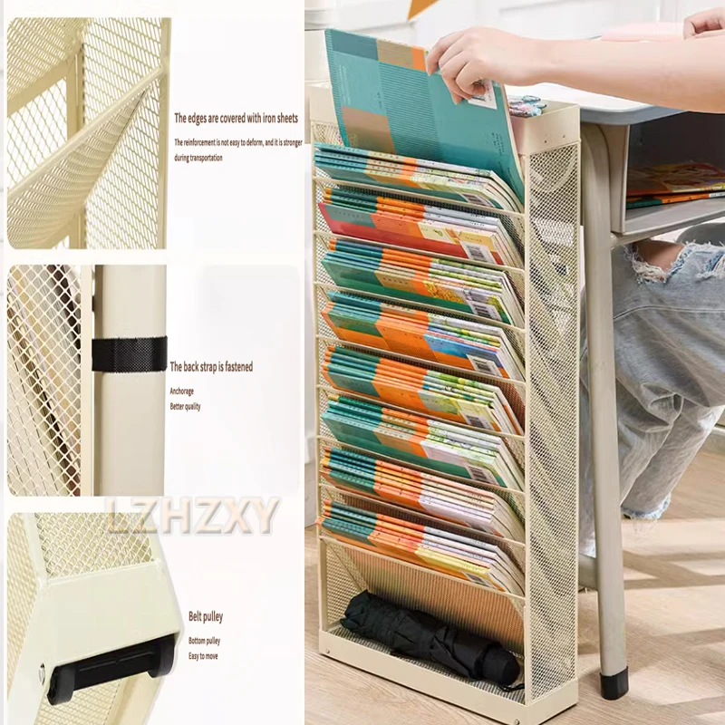 Movable Bookshelf Cart 8 Layers Large Capacity Table Side Bookcase Floor Book Rack With Drawer Wheels For Library School Student