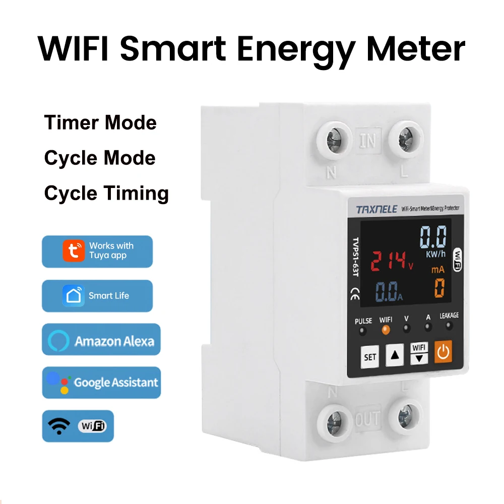 Dispositivo de Relé Protetor de Tensão de Circuito Inteligente Disjuntor Terra Vazamento sobre Poder Medidor Kwh Tuya App Wi-fi ac 85300v 63a
