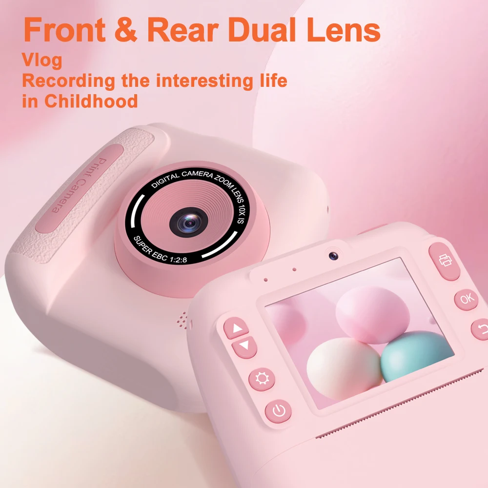 Portable Thermal Printer 57x25mm Printing & Children Instant Print Front&Rear Digital Dual Lens Video Camera for Christmas Gifts