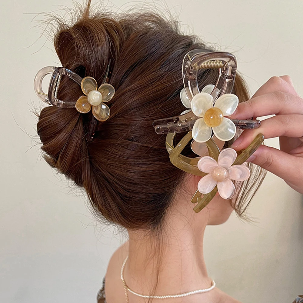 

8cm Acrylic Flower Hair Claw Jelly Color Cross Shark Jaw Clips For Women Girls Ponytail Makeup Bath Summer Headwear