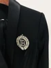 HIGH STREET Newest 2024 Designer Fashion Women's Metal Button Rhinestone Diamonds Beading Badge Shawl Collar Long Blazer 6