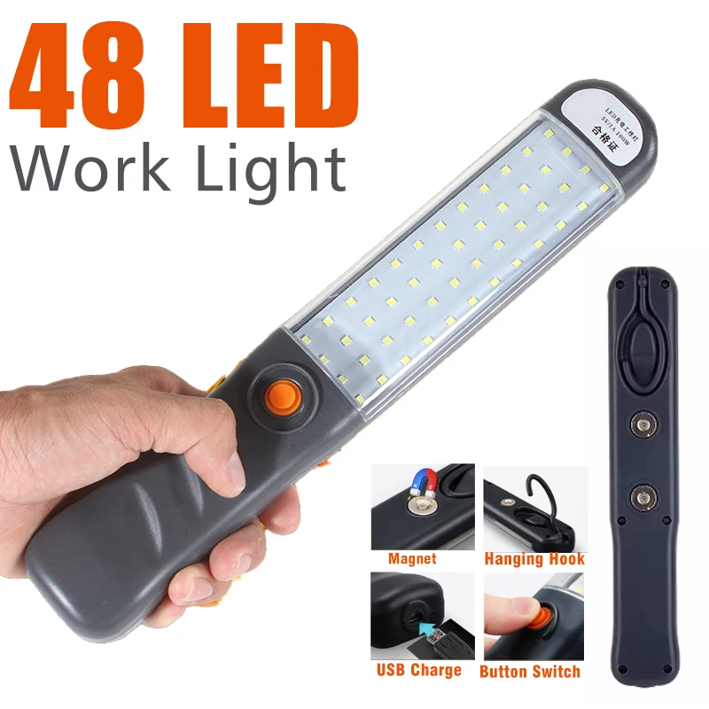 Portable Magnetic Auto Repair Work Light USB Rechargeable LED Flashlight with Magnet Hook for Car Repair Fishing Emergencies