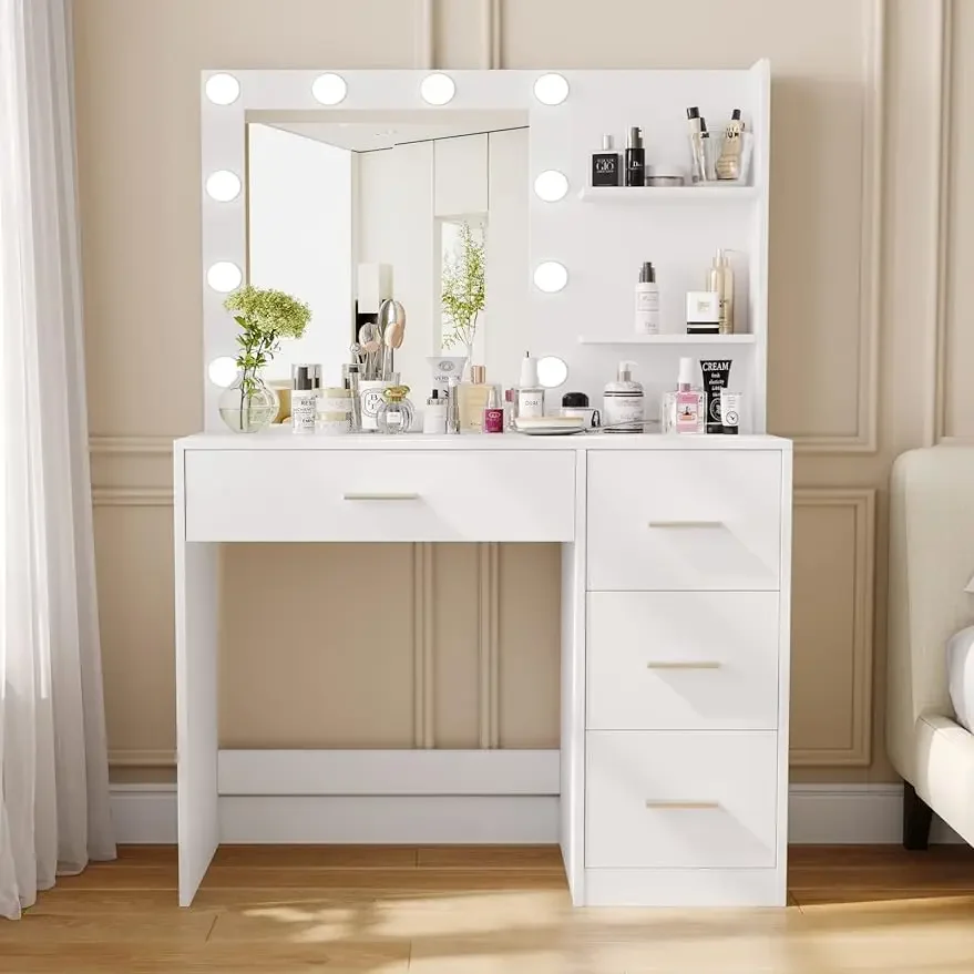 

Makeup Vanity Table with Lighted Mirror,Makeup Vanity Desk with Storage Shelf and 4 Drawers,Bedroom Dressing Table,10 LED Lights