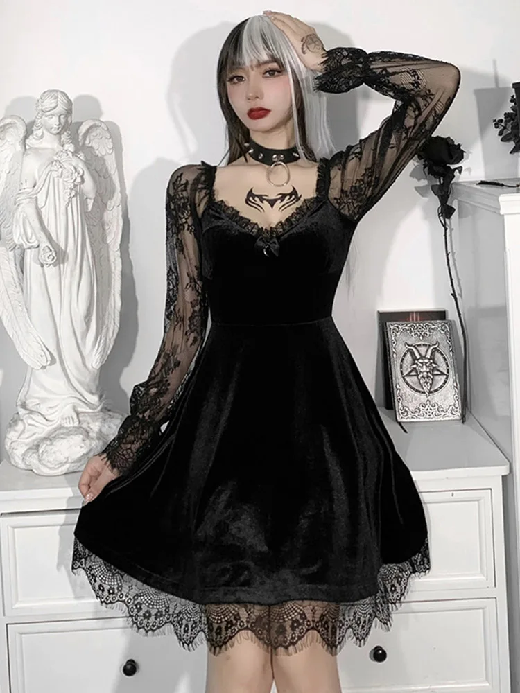 Gothic Lolita Girl Lace Trim Velvet A-Line Dress Women Sexy Perspective Long Sleeve V Neck Slim Mini Dress Cosplay Party Costume 5