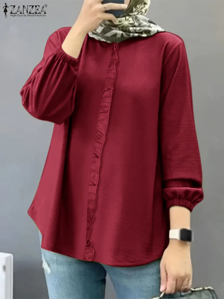 

ZANZEA Autumn Fashion Ruffles Shirt Women Vintage Muslim Blouse Casual Long Sleeve Solid OL Work Tops Abaya Hijab Busas Chemise