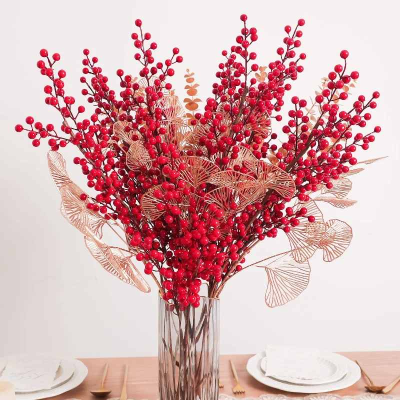 Buquê de flores de frutas vermelhas artificiais ramo de estame planta falsa para decoração de sala de casa enfeites de árvore de natal mesa interna ano novo 2023 festa decoração de natal diy acessórios de vaso