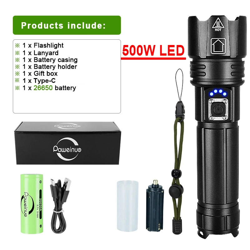 Lampe De Poche Ultra Lumineuse 20000 Lumens Rechargeable Usb, 5 Modes D