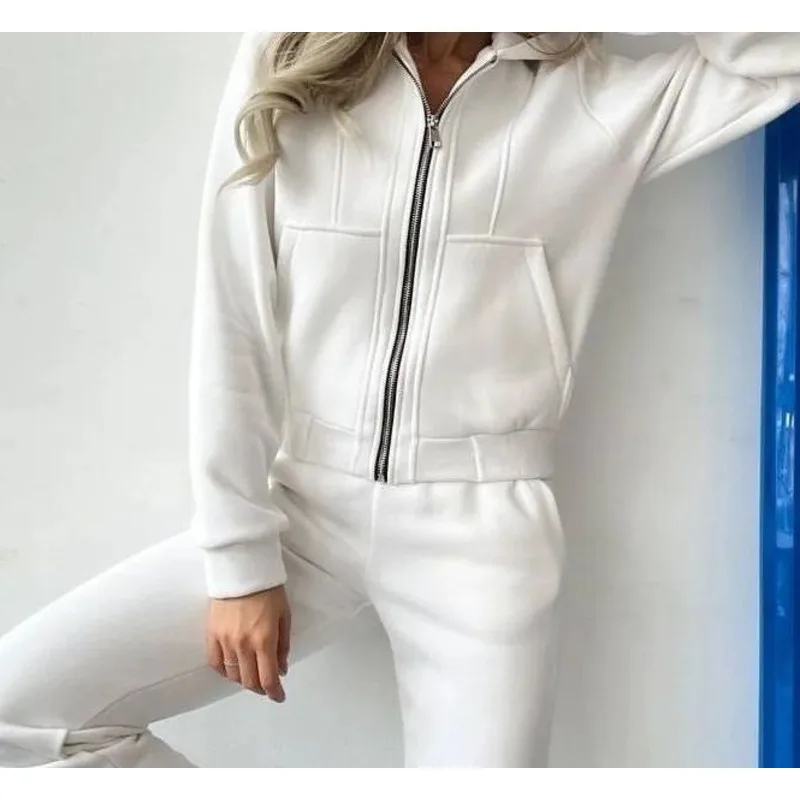 Women's New Autumn and Winter Solid Color Plus Velvet Long Sleeve Hooded Zipper Women's Hoodie Pants Women's Two-piece Set