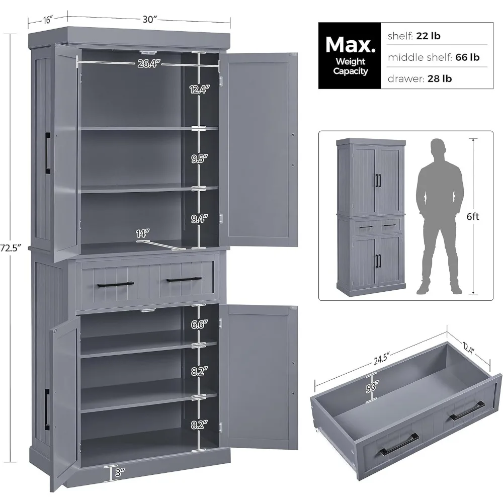 Kitchen Pantry Storage Cabinet with Drawer, 72.5" H Cupboard Pantry Cabinets Adjustable Shelves and Barn Doors for Dining Room