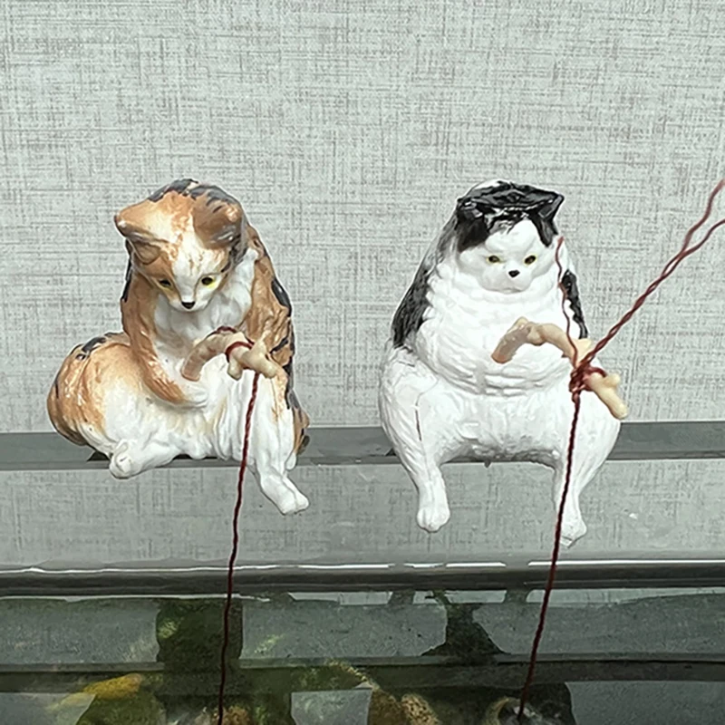 Cat Model Figure Cute Realistic Animal Model Cat Fishing Statue Cat Staues  Resin Art Sculpture DIY Aquarium Cat Figurines Vivid