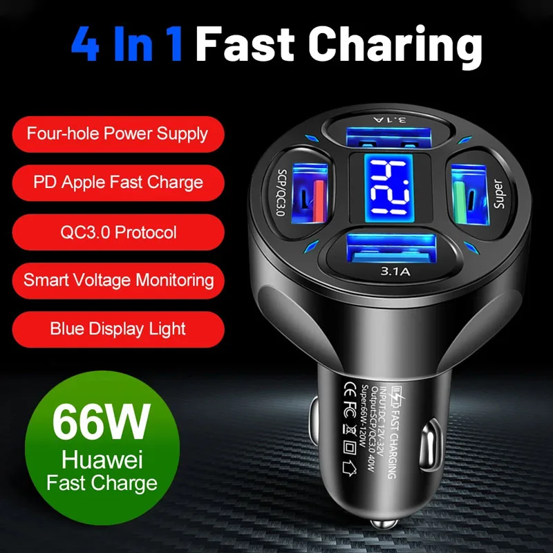 

66W 1 To 4 Usb Car Charger Cigarette Lighter Interface Led Digital Display Fast Charging Suitable for Iphone Xiaomi Huawei