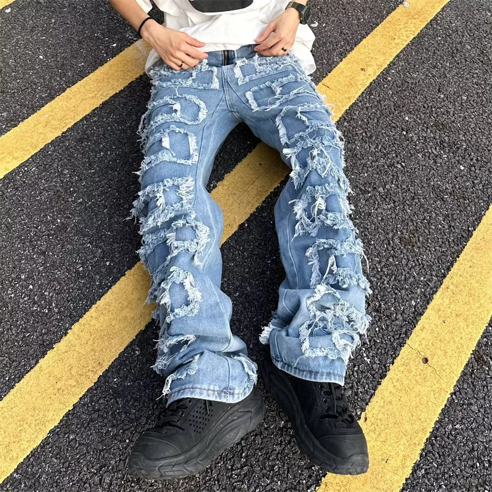 Men Straight Jeans Trousers Fashion Vintage Frayed Patchwork