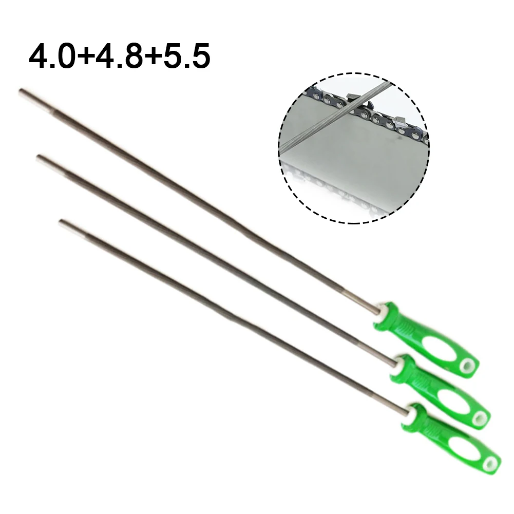 3PCS 라운드형 고탄소강 체인톱 연마용 파일 세트 (목공용 체인톱 파일 연마 도구) 4/4.8/5.5mm
