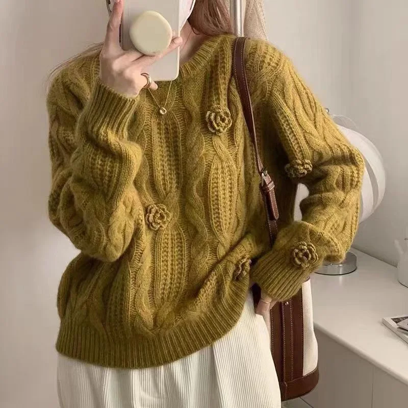 Autumn Winter Knitted Rose Sweater