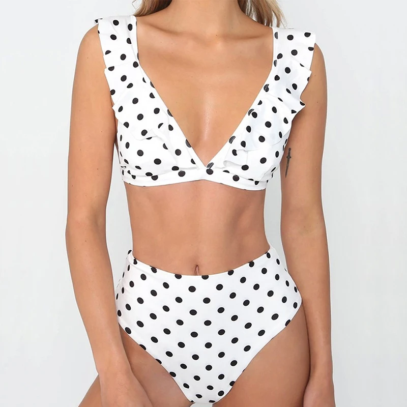 New Arrive Sexy Bikini High Waist Swimwear Women Push Up Swimsuit Ruffle Polka Dot Swimsuit Bikini Summer Beach Wear