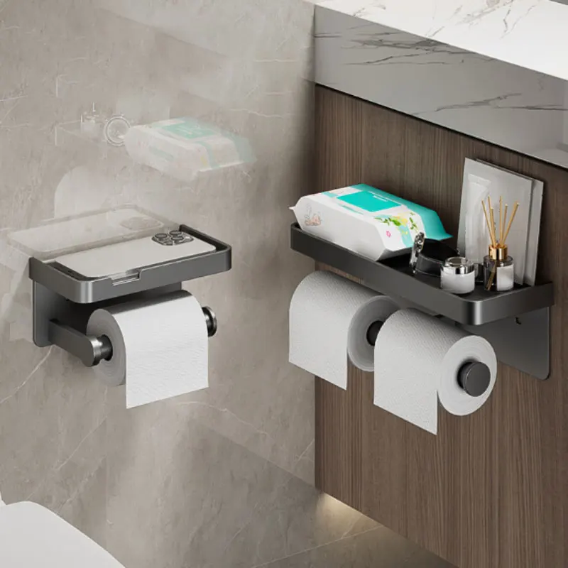 Aluminum Alloy Toilet Roll Holder Wall-Mounted No Drilling Bathroom Kitchen