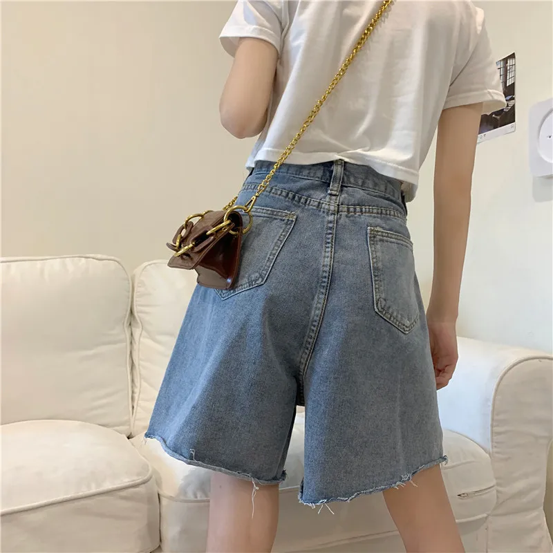 shorts women Loose High Waist Denim Shorts Women 2021 New Korean Raw Edge Straight Wide Leg Pants Thin Versatile Female Pants Shorts Blue womens clothing