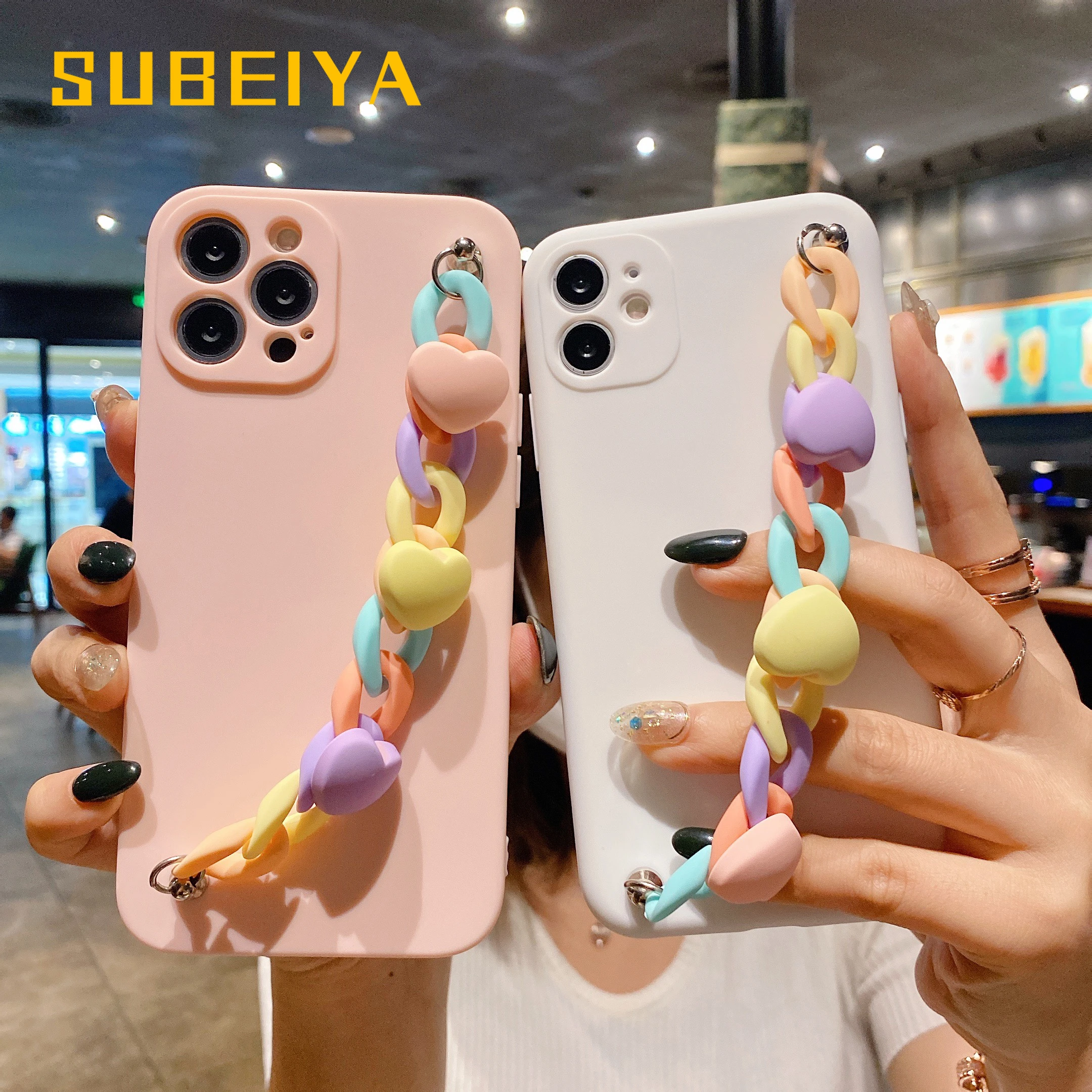 best case for iphone 13 pro max Bracelet Phone Case For iPhone 11 12 13 Pro Max X XS XR 6 7 8 Plus 12 Mini Colorful Heart-Shaped Chain Soft Silicone Back Cover iphone 13 pro max leather case